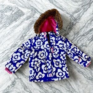 Mini Boden Blue & White Floral Hooded Puffer with Pink Lining